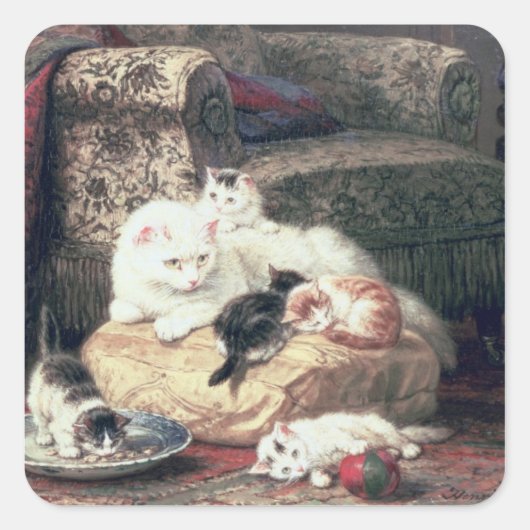 クッションに子猫を乗せた猫 スクエアシール (正面)
