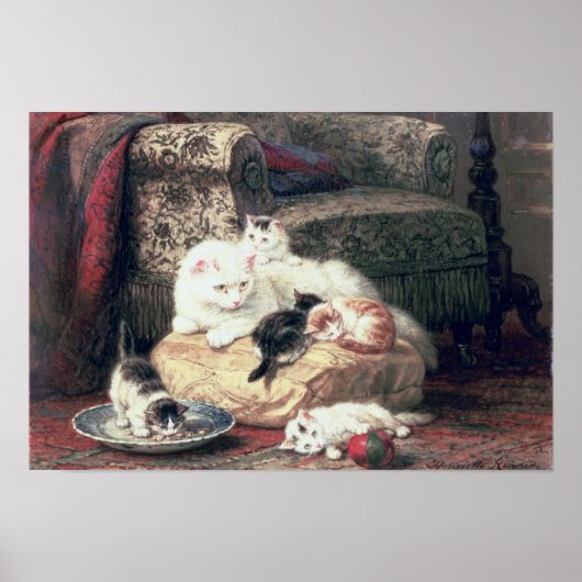 クッションに子猫を乗せた猫 ポスター (正面)