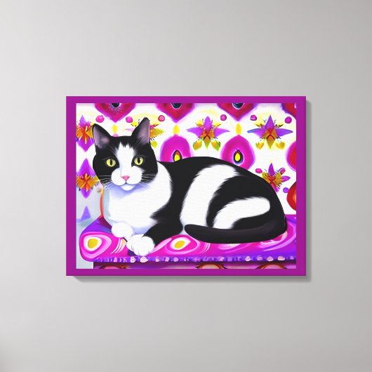 クッションに描かれた白黒のタキシード猫 キャンバスプリント (正面)