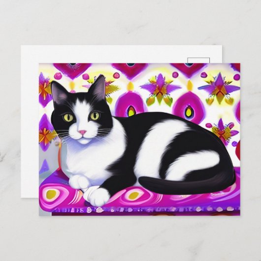 クッションに描かれた白黒のタキシード猫 ポストカード (正面/裏面)