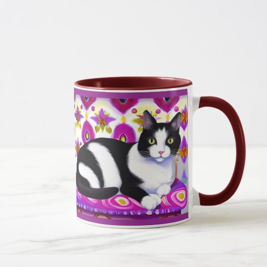 クッションに描かれた白黒のタキシード猫 マグカップ (右)