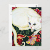 クッションの上の白猫 ポストカード (正面/裏面)