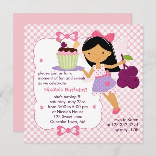 クップケーキの妖精の紫とピンクのガーリー誕生パーティー 招待状 (正面/裏面)