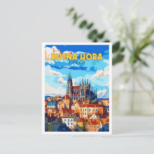 クトナホラチェコヴィンテージ旅行イラストレーション ポストカード (スタンド正面)