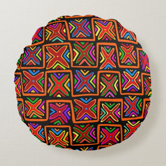 クナ・インディアン・モラ・トライバル・チェック - 赤 ラウンドクッション (正面)