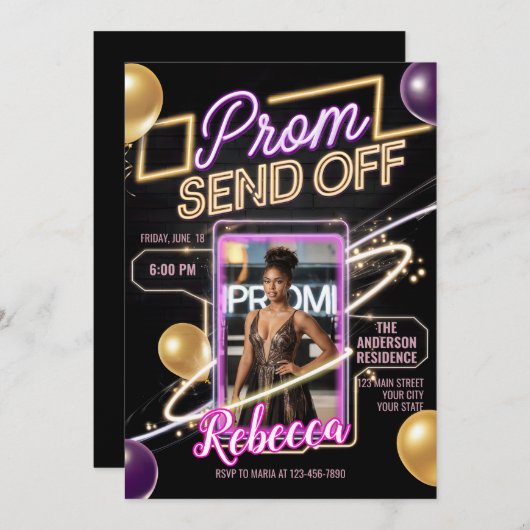 クパーソナライズされたロモダンク・ピンク・ネオンを送るプロム 招待状 (正面/裏面)