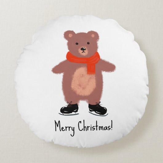 クマおもしろいスケートで滑る ラウンドクッション (正面)