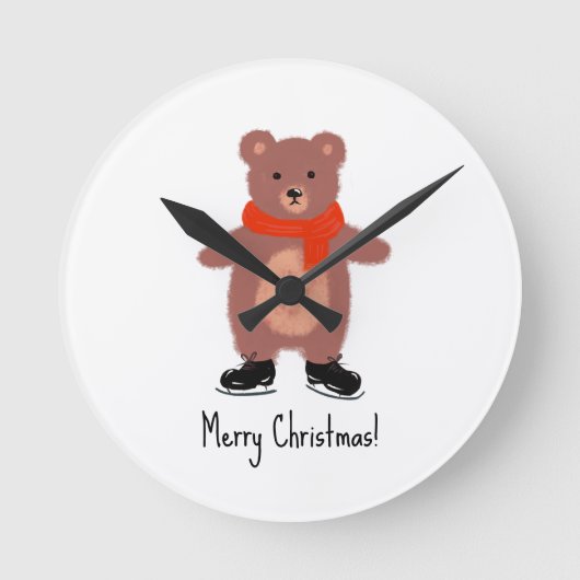 クマおもしろいスケートで滑る ラウンド壁時計 (正面)