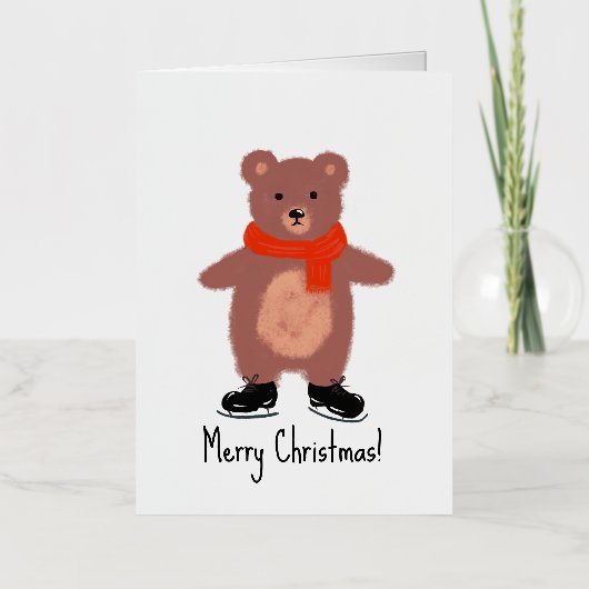 クマおもしろいスケートで滑る 箔グリーティングカード (正面)