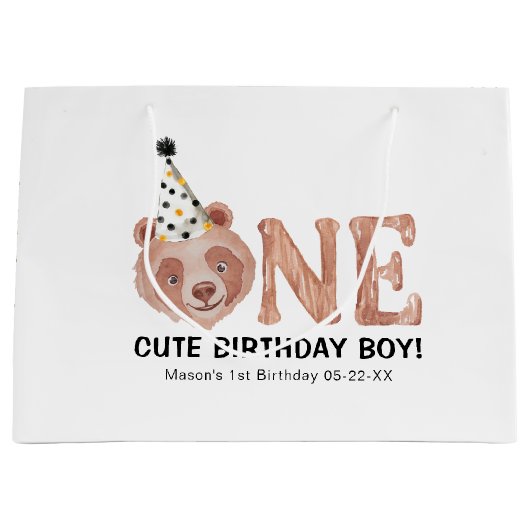 クマかわいいかわいい1歳の誕生日抱き枕- 1かわいい ラージペーパーバッグ (正面)