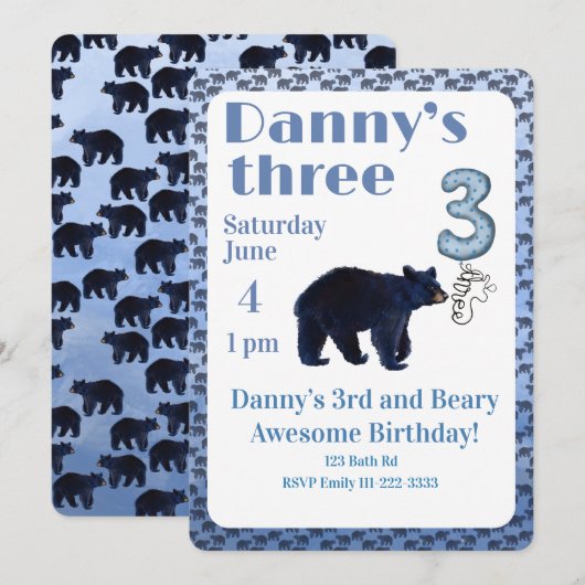 クマがいる3歳の誕生日招待状 招待状 (正面/裏面)