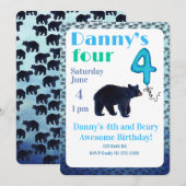 クマがテーマの4歳の誕生日パーティーの招待状 招待状 (正面/裏面)