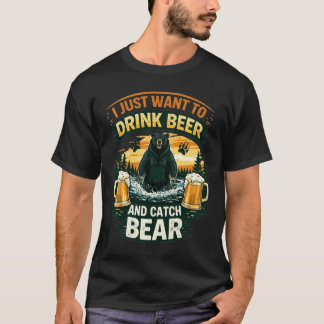 クマがビールを飲む おもしろ アウトドア アドベンチャー 釣り Tシャツ