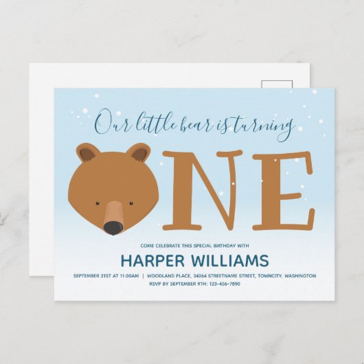 クマが冬の動物を1歳の誕生日に インビテーションポストカード (正面/裏面)