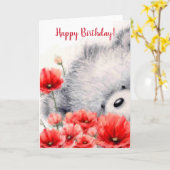 クマが赤い花を持つハッピーバースデー カード (黄色い花)