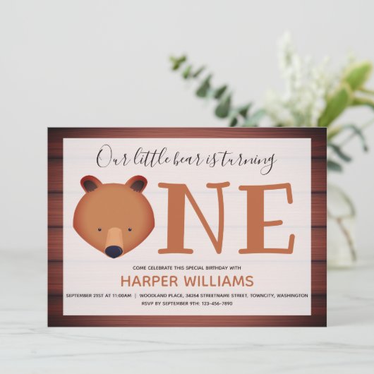 クマが1回転する木の動物第1誕生日 招待状 (スタンド正面)