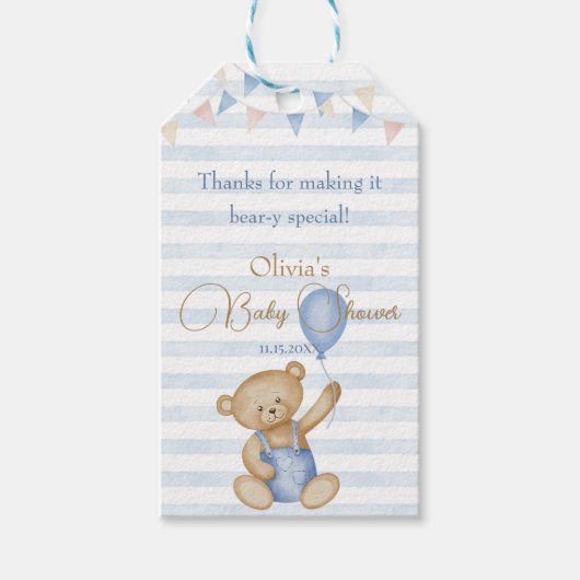 クマさんと一緒にお待ちかね ギフトタグ – ベビーボーイシャワー 好きな物 (正面)