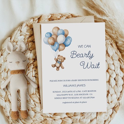 クマさんと一緒にお待ちかね - 青茶色のテディベア 招待状