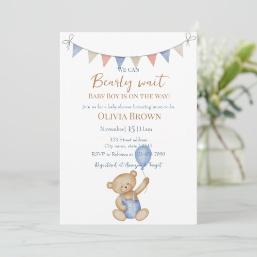 クマさんと一緒にお待ちしております ベイビー ボーイ シャワー 招待状 (スタンド正面)