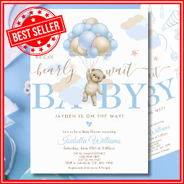 クマさんと一緒にお待ち遠しいブルーベイビーシャワー 招待状