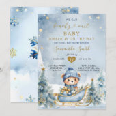クマさんと一緒にお待ち遠しいベイビーシャワー ダスティーブルー ウィンター 招待状 (正面/裏面)