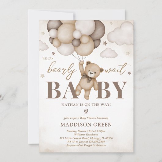 クマさんと一緒にお待ち遠しいベイビーシャワー 招待状 (正面)