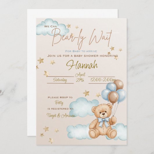 クマさんと一緒にお待ち遠しい ベビーシャワーテディベア招待状 招待状 (正面/裏面)