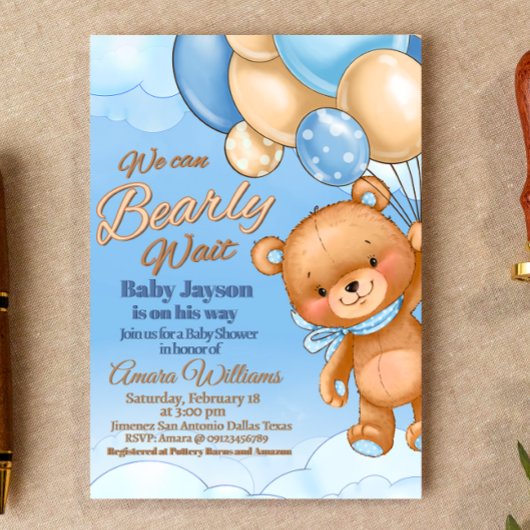 クマさんと一緒にお待ち遠しい - 男の子ベイビーシャワー 招待状