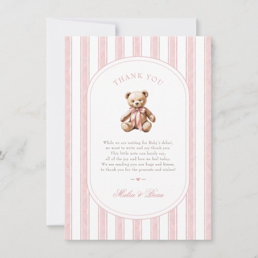 クマさんと一緒にお待ち遠しかったベイビーシャワーの感謝カード (正面)