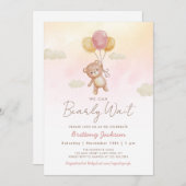 クマさんと一緒にお待ち遠しくて仕方ない風船 クマさん ベビーシャワー ピンク 招待状 (正面/裏面)