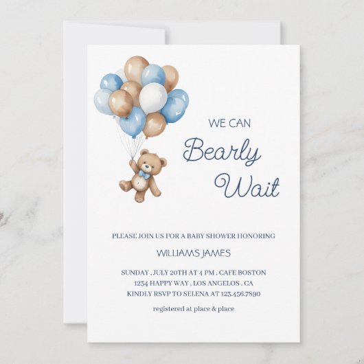 クマさんと一緒にお待ち遠しくて仕方ない - 青茶色のテディベア 招待状 (正面)