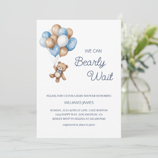 クマさんと一緒にお待ち遠しくて仕方ない - 青茶色のテディベア 招待状 (スタンド正面)
