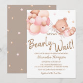 クマさんと一緒にお待ち遠方～ベイビーシャワー ベビーガール 招待状 (正面/裏面)