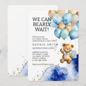 クマさんと一緒にお待ち遠方！ロイヤルブルーとゴールドのベイビーシャワー 招待状 (正面/裏面)