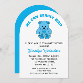 クマさんと一緒にお待ち遠方！青いテディベアのベビーシャワー 招待状