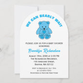 クマさんと一緒にお待ち遠方！青いテディベアのベビーシャワー 招待状 (正面)