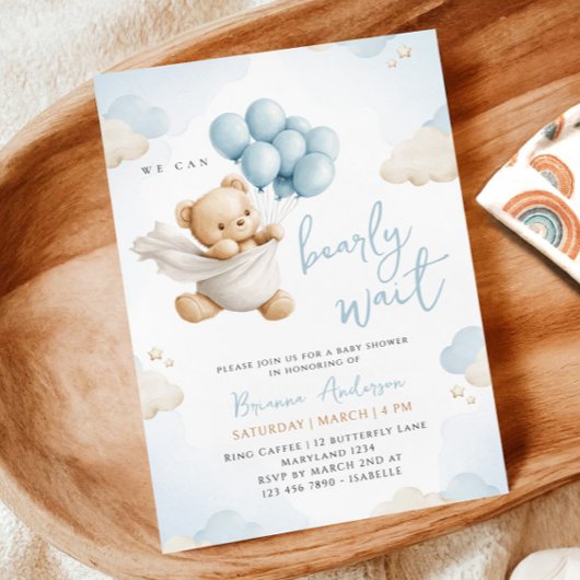 クマさんと一緒に待ち遠しいよ！青いベイビーシャワーのご案内 招待状