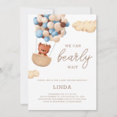 クマさんと一緒に誕生を待とう 青い風船のベビーシャワー 招待状 (正面)