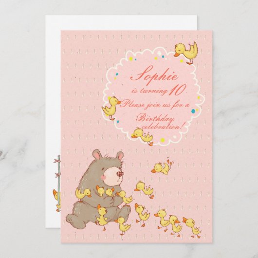 クマとアヒルの子ども誕生日 招待状 (正面/裏面)