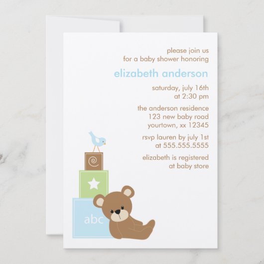 クマとアルファベットのおもちゃブロック赤ちゃんシャワー{blue} 招待状 (正面)