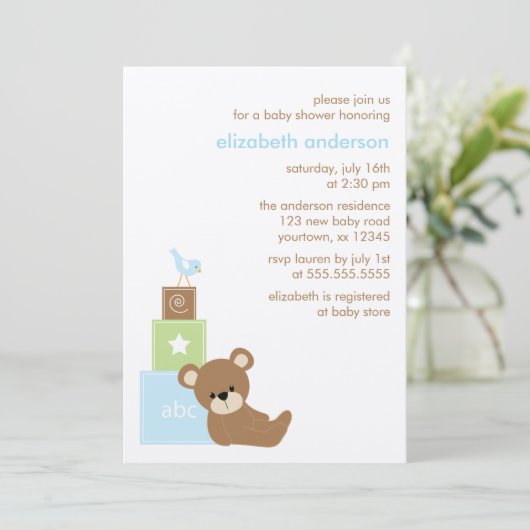 クマとアルファベットのおもちゃブロック赤ちゃんシャワー{blue} 招待状 (スタンド正面)