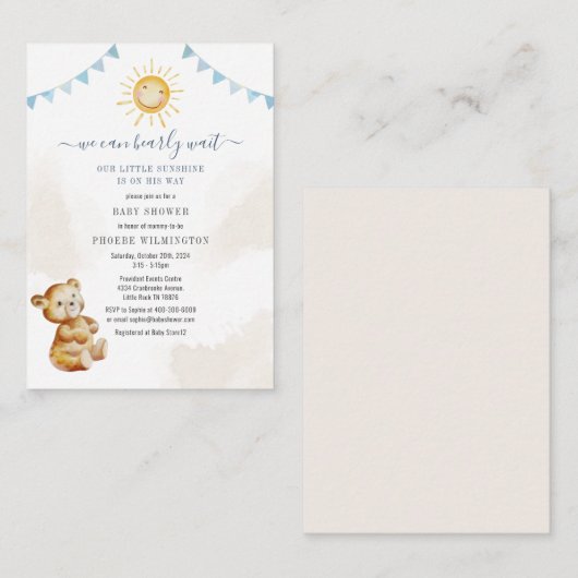 クマとサンシャインウォーター色ボーイズ赤ちゃんシャワー ノートカード (正面/裏面)
