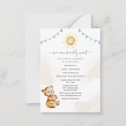 クマとサンシャインウォーター色ボーイズ赤ちゃんシャワー ノートカード (正面)