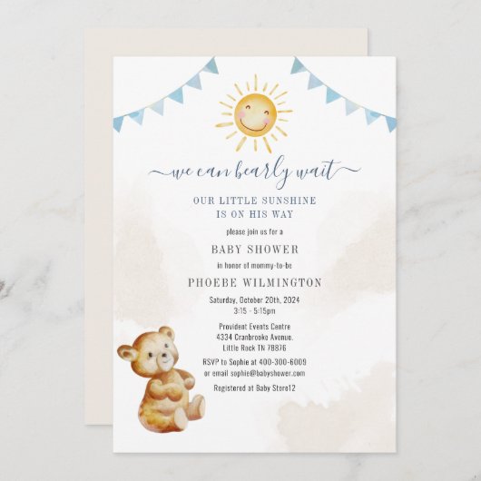 クマとサンシャインウォーター色ボーイズ赤ちゃんシャワー 招待状 (正面/裏面)