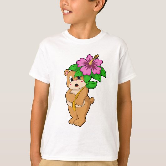 クマとハイビスカスの花 Tシャツ (正面)