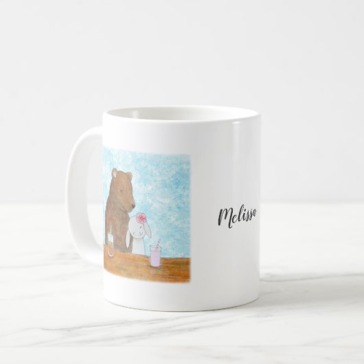 クマとバニーのピクニックカワイカップル名前をカスタムする コーヒーマグカップ (正面左)