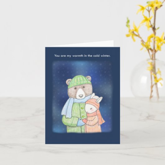 クマとバニーの冬の愛の記念日 カード (黄色い花)