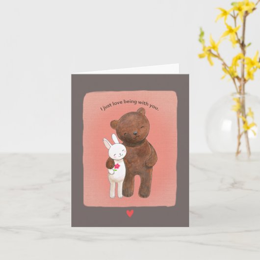 クマとバニーカップルかわいい愛するカップルポートレート カード (黄色い花)