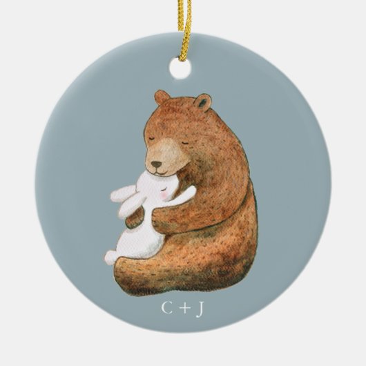 クマとバニーカップルカスタム記念日バレンタイン セラミックオーナメント (正面)