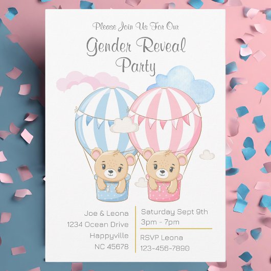 クマとバルーン性別の表示パーティの招待状 招待状